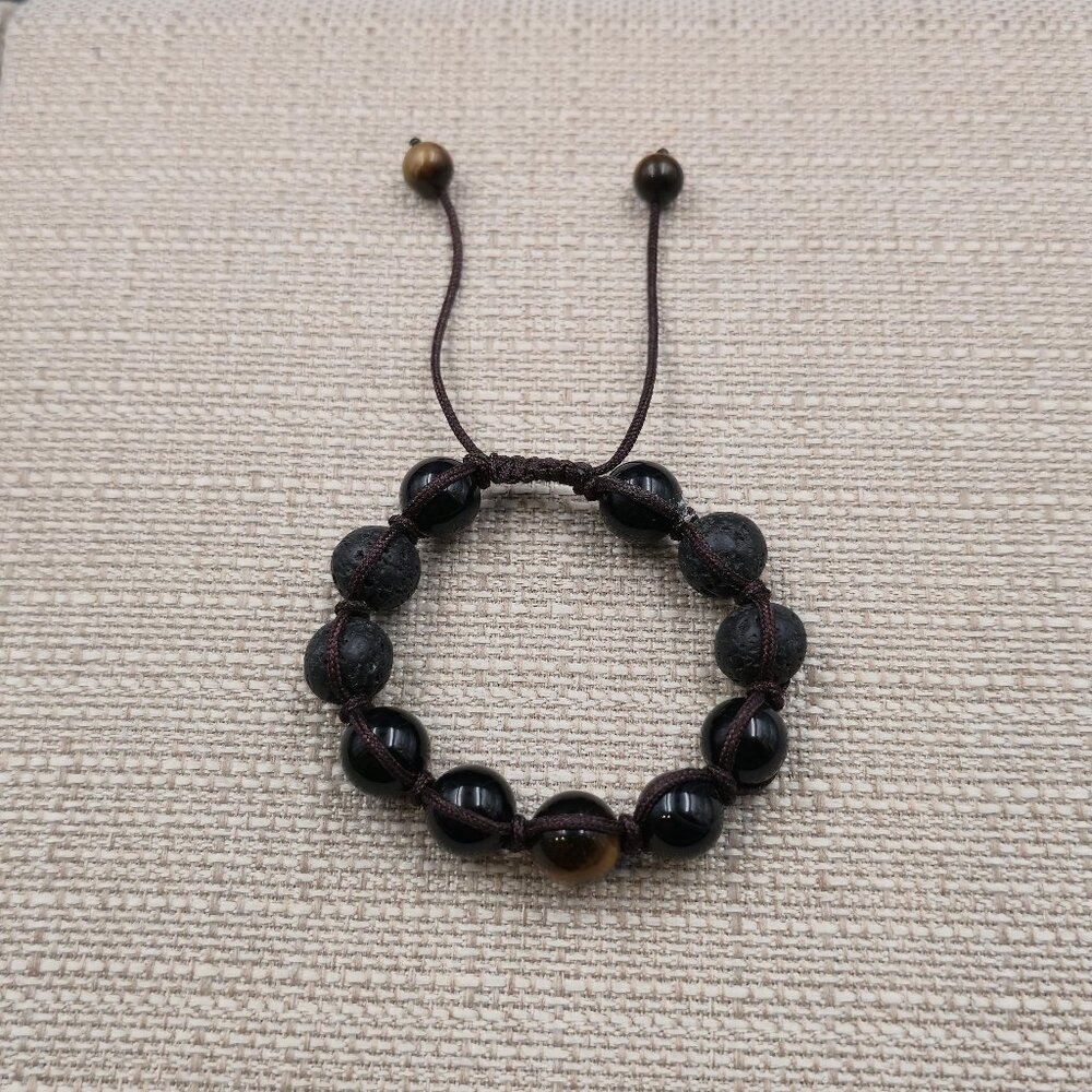 7 Inch Lava Stone Tiger's Eye Black Obsidian Adjustable Bracelet B1120